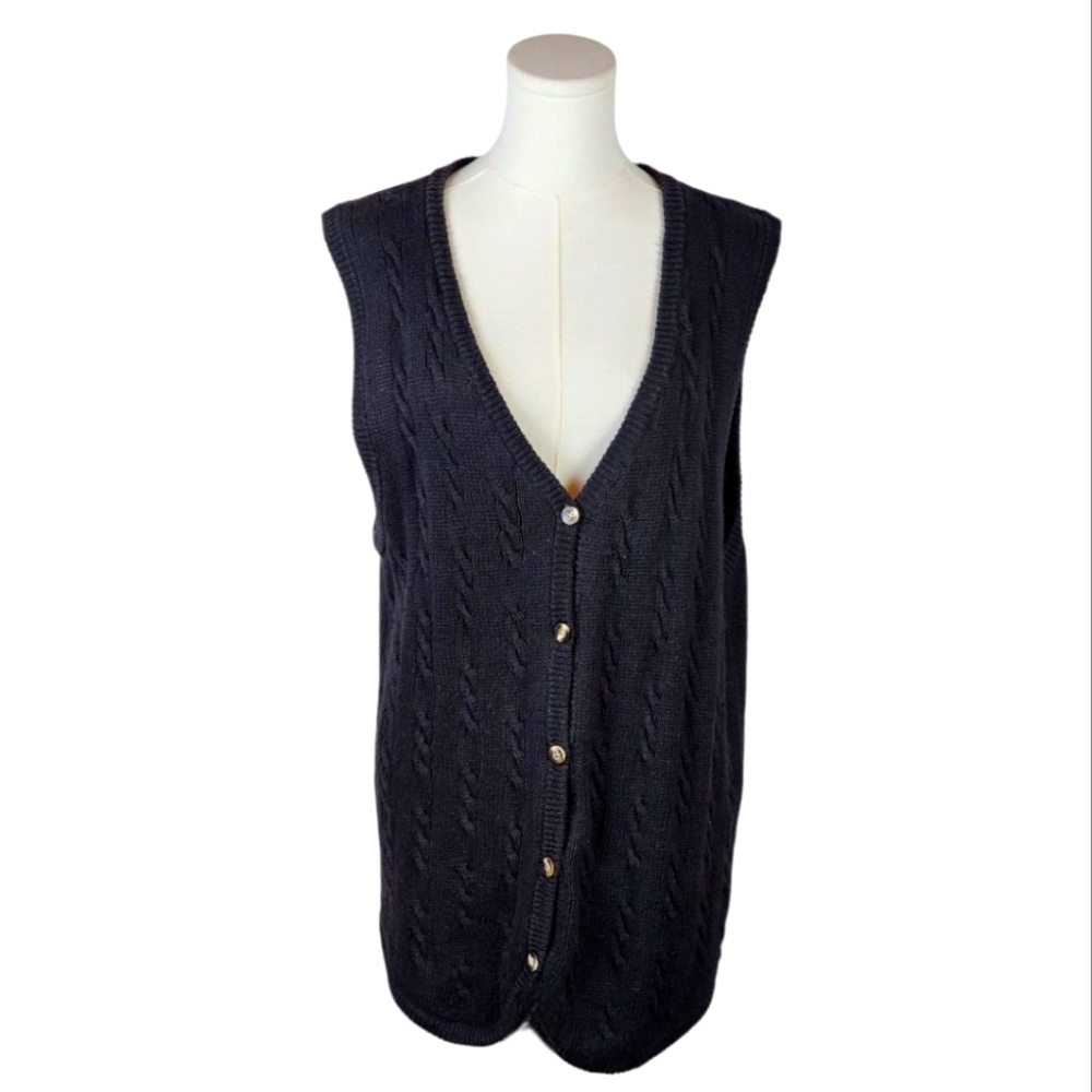 Vintage Mens Portraits Black Cable Knit Sweater Vest XL Unisex Academia